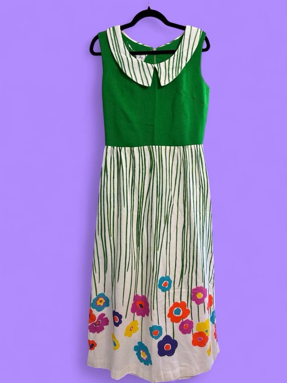 Vintage 1960s flower power kelly green sleeveless maxi dress. RARE
